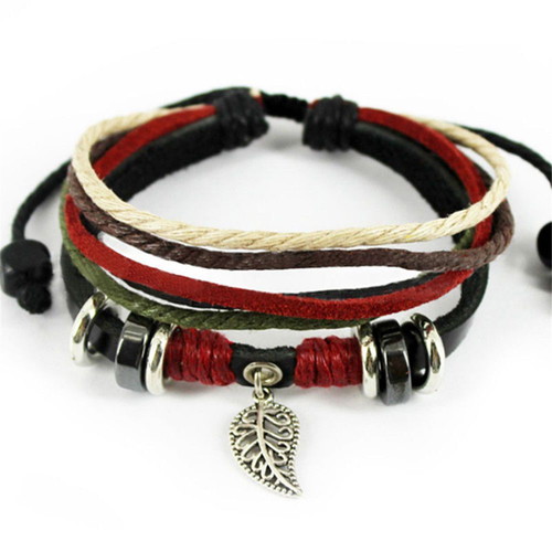 Unisex Handmade Leather Boho Bracelet with Metal Leaf like new