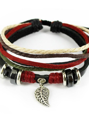 Unisex Handmade Leather Boho Bracelet with Metal Leaf like new