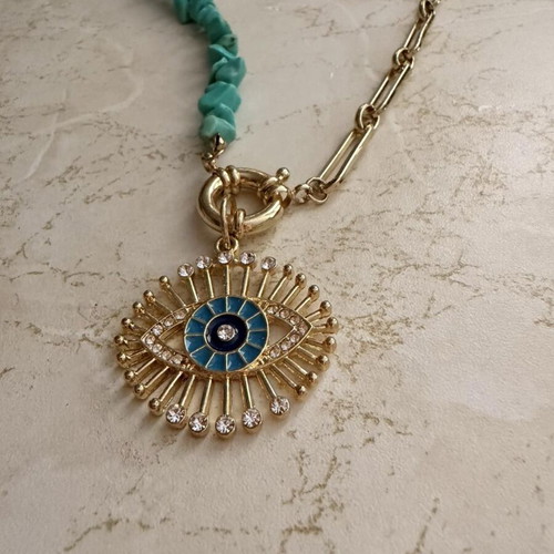 Necklace with turquoise stones and eye pendant like new, boho style