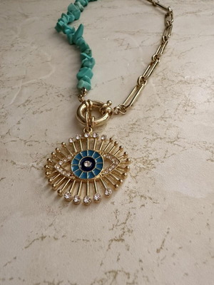 Necklace with turquoise stones and eye pendant like new, boho style