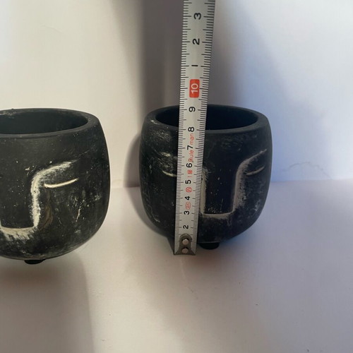 Pot Head clay pots set of 2 like new, black with stylized faces
