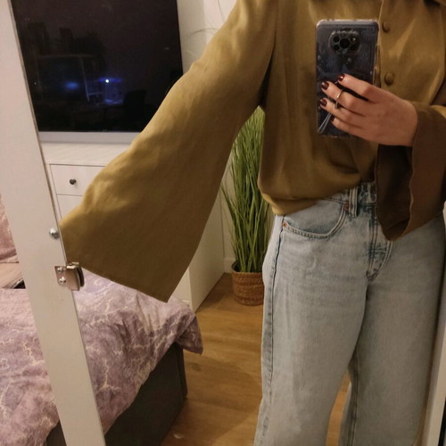 Vintage shirt mustard gold satin fabric with 70's collar used