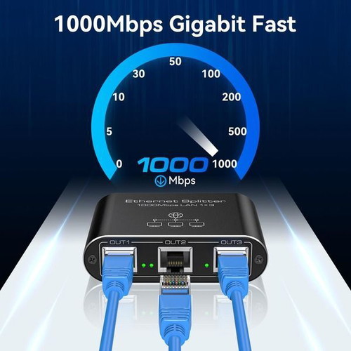 VEDINDUST Gigabit LAN Switch 1 to 3, 1000 Mbps, aluminum, USB powered