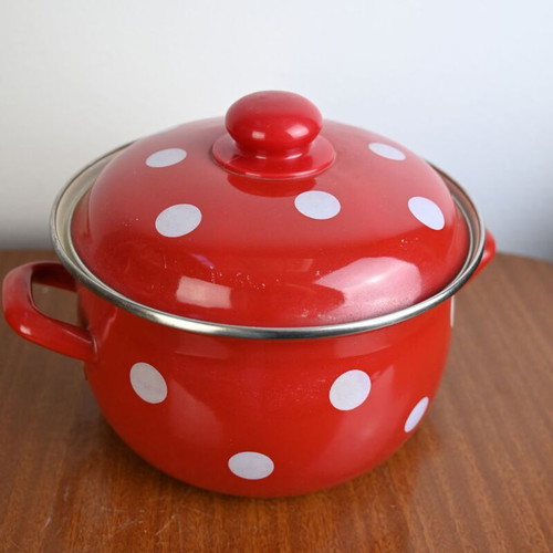 Vintage enamel pot red with white polka dots used
