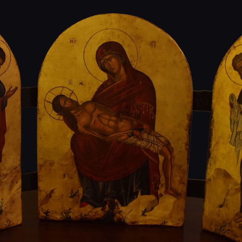 Triptych handmade icon with egg tempera and 23k gold leaf made to order