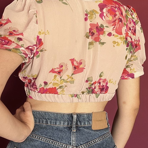 Cropped floral blouse Zara used, pink multicolor, summer short sleeves
