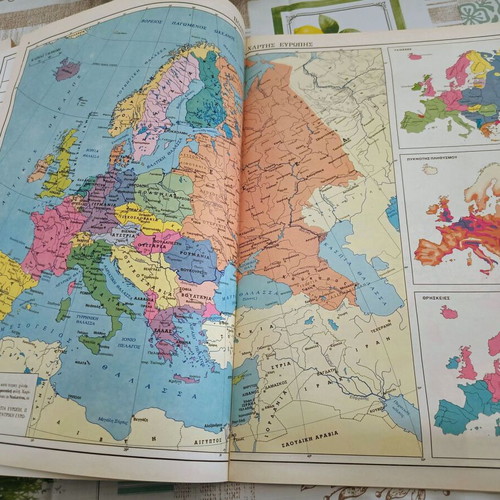 Vintage geographic atlases of Europe and Greece, Nikodimos editions, set of 2