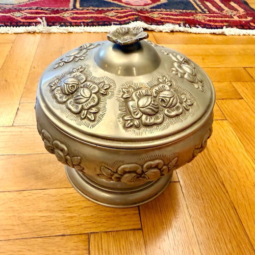 Vintage metal bowl with lid and base used, embossed floral design