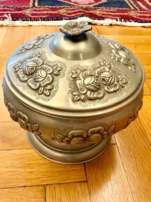 Vintage metal bowl with lid and base used, embossed floral design