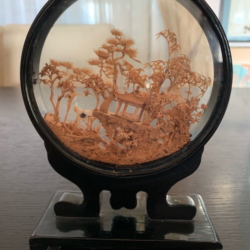 Chinese Microcarving Diorama Used Cork Panel with Wooden Base