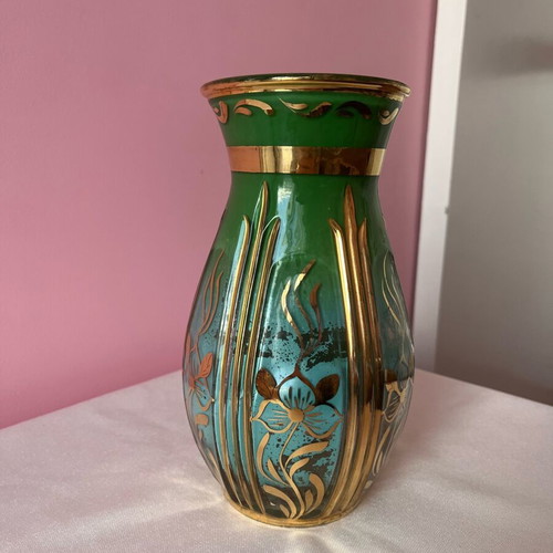 Vintage βάζο 22cm μεταχειρισμένο, σμαραγδί με ανάγλυφο χρυσό