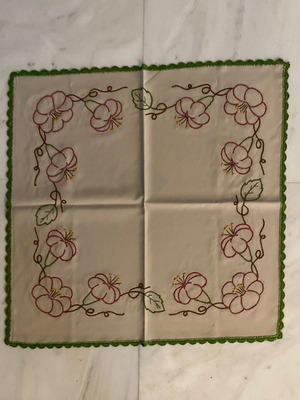 Handmade tablecloth with embroidery and lace used