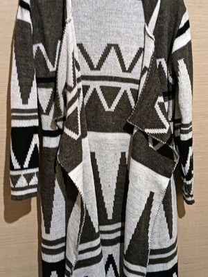 Knitted cardigan with hood used, boho design, white and brown