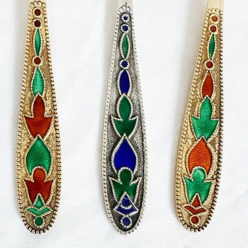 Set of 3 Soviet Silver 875 Spoons with Enamel