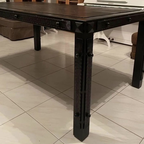 Desk with metal frame and wooden surface, handmade forged iron