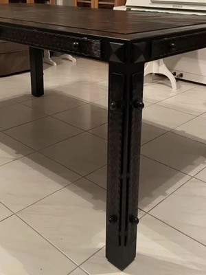 Desk with metal frame and wooden surface, handmade forged iron