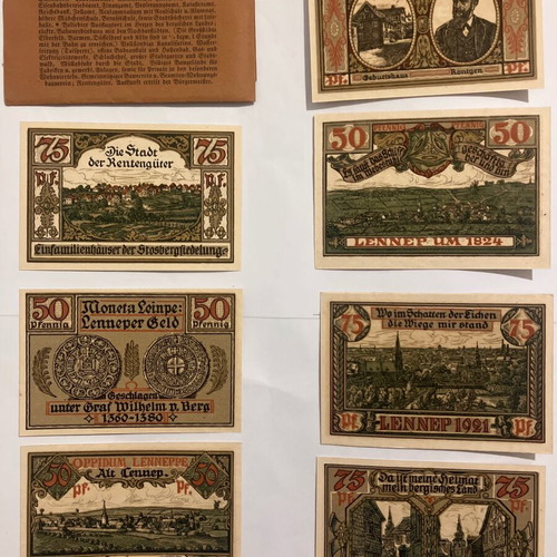 Collectible folder with 7 Notgeld banknotes Lennep 1921 new