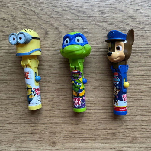 Pop Ups lollipop cases used, pack of 3 with Minions, Turtles and Paw Patrol