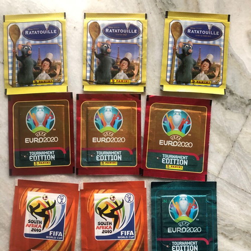 Panini Ratatouille 2016, South Africa 2010, Euro 2020 sticker packs new, total 9