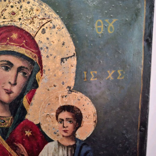 Icon of Theotokos with Christ Child used, oil on metal surface 1921