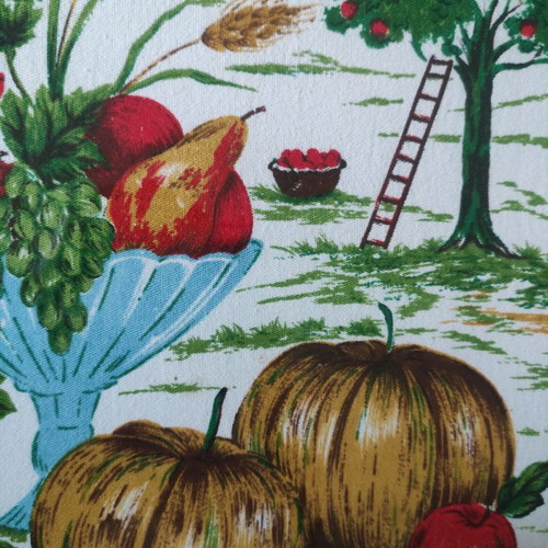Countryside framed art used with fruit bowl on cotton fabric and wooden frame