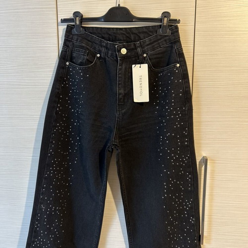 Jeans with rhinestones wide leg Trendyol new, high waist, black