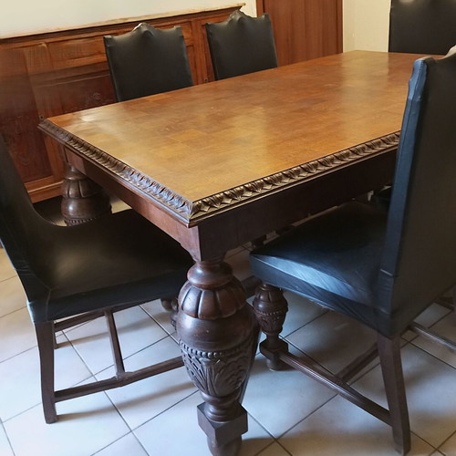 Tudor dining set used, handmade carved walnut with 6 chairs