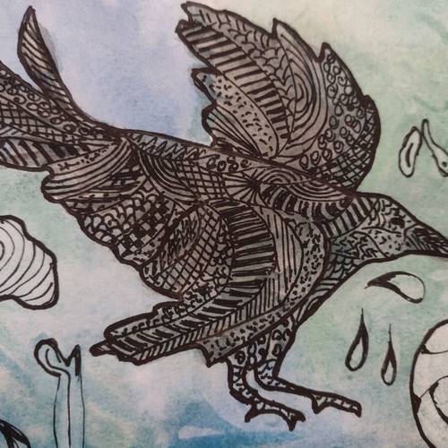 Original watercolor painting Raven in zentangle style new