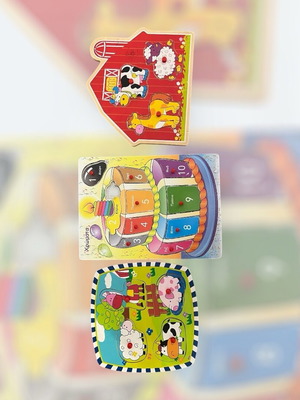 Wooden puzzle inserts used, set of 3, numbers and animals