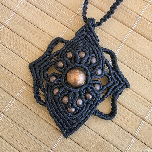 Macrame necklace handmade black like new with brass beads