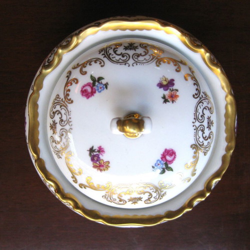 Porcelain fondue pot used, old German with decoration