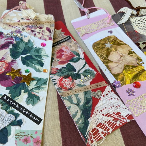 Handmade bookmarks with lace, fabric and collage, set of 4, new