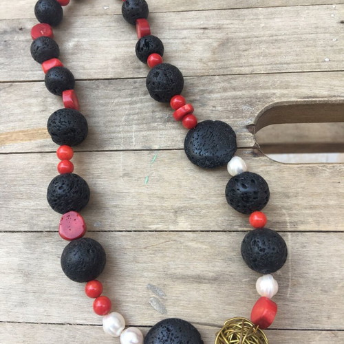 Handmade necklace new with lava, coral and pearl