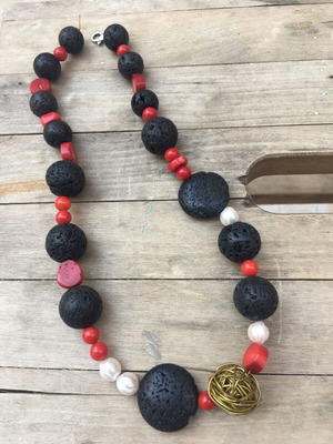 Handmade necklace new with lava, coral and pearl