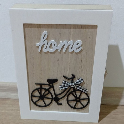 Wooden key or jewelry box with home and retro bicycle decor
