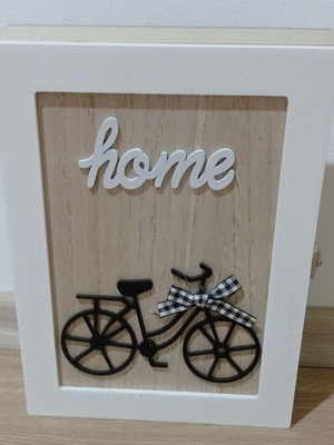 Wooden key or jewelry box with home and retro bicycle decor