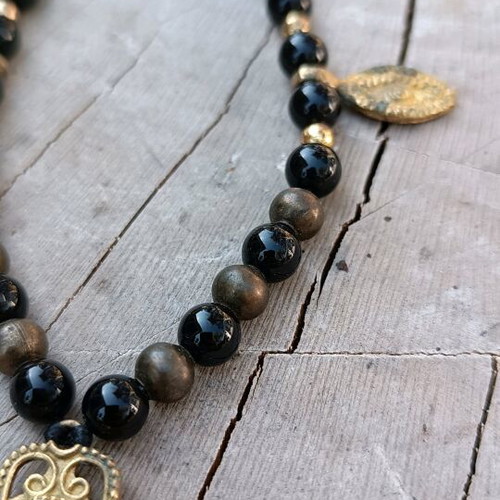 Necklace with onyx beads and black tourmaline new