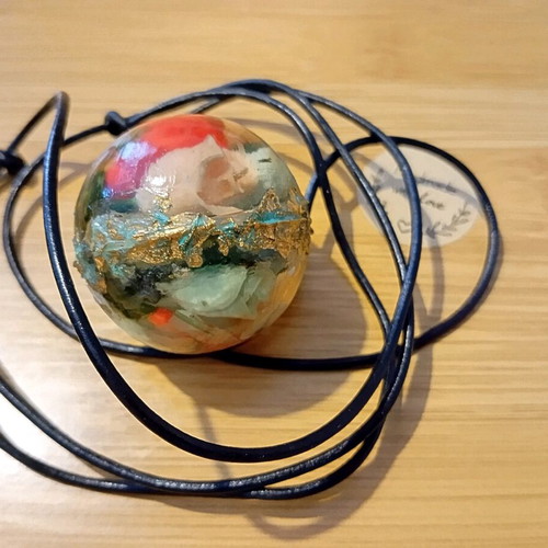Sphere necklace made of liquid glass handmade with adjustable leather strap made to order
