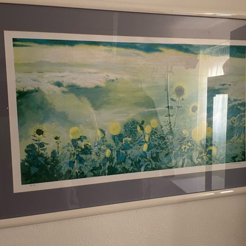 Silk screen printing used with frame and sunflowers