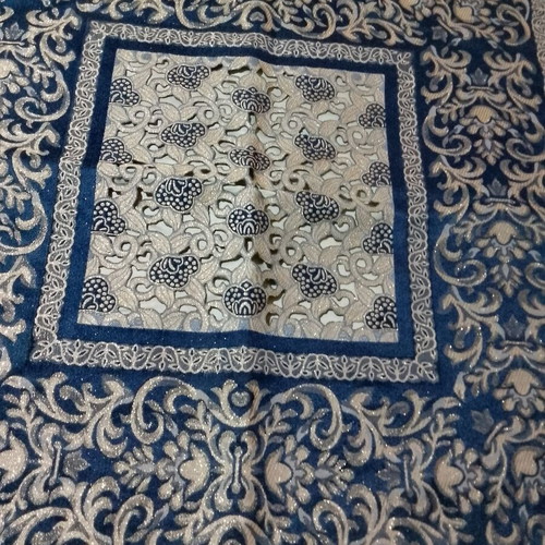 Large blue and gold tablecloth with tassels like new