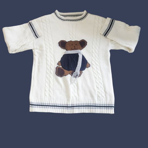 Cotton cable knit sweater with teddy bear, like new, navy and white