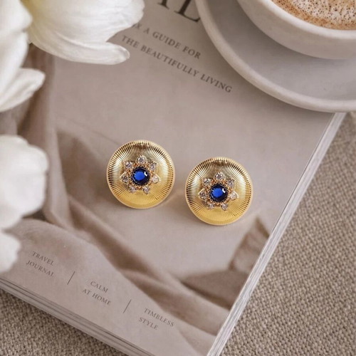 18K Gold Plated Stainless Steel Earrings with Blue Crystal Vintage Style
