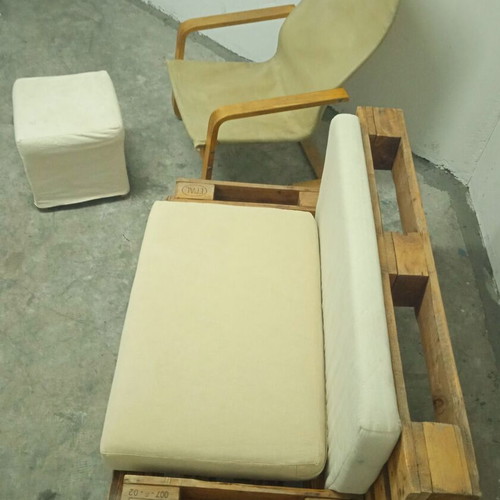 Sofa set from pallets with Ikea Pello armchair and Solsta Pallbo stool, like new