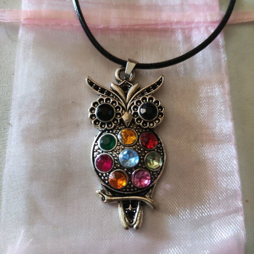 Owl necklace with multicolored crystals and adjustable 45-50 cm strap new