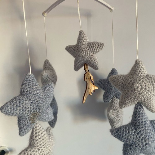 Handmade musical baby mobile with little prince and blue stars used