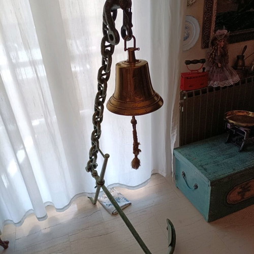 Nautical bell sculpture used with chain base and anchor