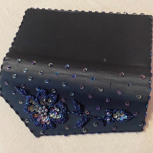 Embroidered clutch bag with beads in blue satin, like new