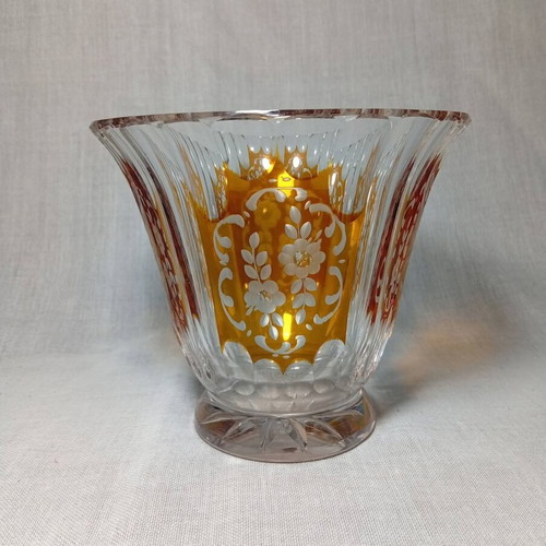Vintage Bohemian crystal vase amber cut-to-clear, like new