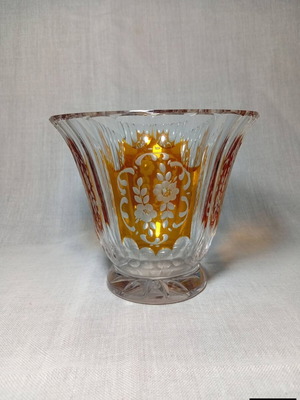 Vintage Bohemian crystal vase amber cut-to-clear, like new