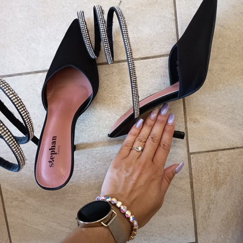 Black high heel shoes with ankle rhinestone straps